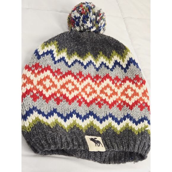Vtg Y2K Abercrombie & Fitch Wool Blend Fair Isle Beanie Knit Hat PomPom Winter - Picture 3 of 7